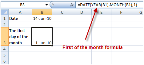 =DATE(YEAR(B1),MONTH(B1),1)