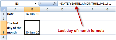 =DATE(YEAR(B1),MONTH(B1)+1,1)-1